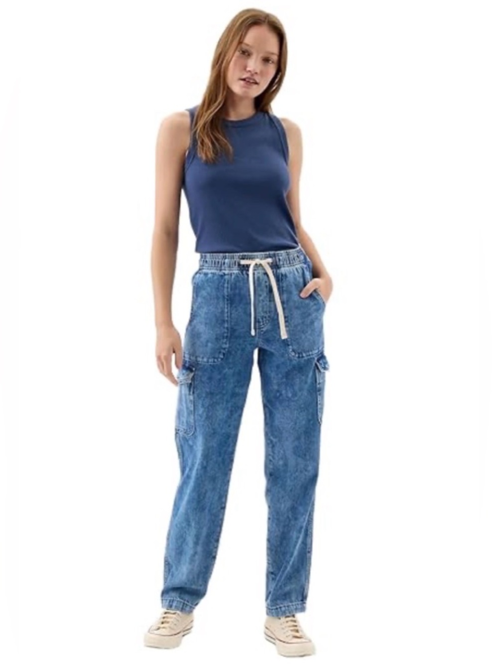 GAP Women's Denim High Rise Medium Wash Drawstring Cargo Cotton Jeans